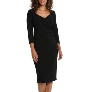 London Times Petite Puff-Sleeve Ruched Sheath Midi Dress Black 6P